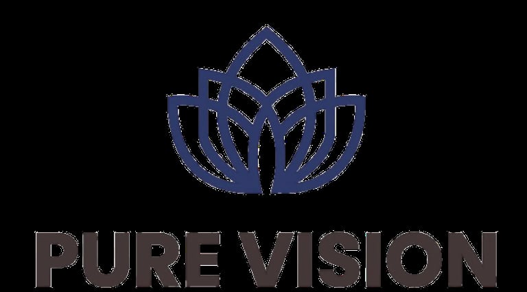 Pure Vision logo featuring a blue lotus flower symbol above white text
